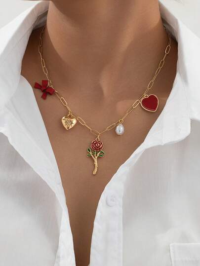 1 pieza Elegante collar de San Valentín con colgante de rosa roja, borla de metal, lazo rojo, corazón, perla barroca falsa, adecuado para boda, uso diario, fiesta, banquete, reunión familiar, regalo exquisito