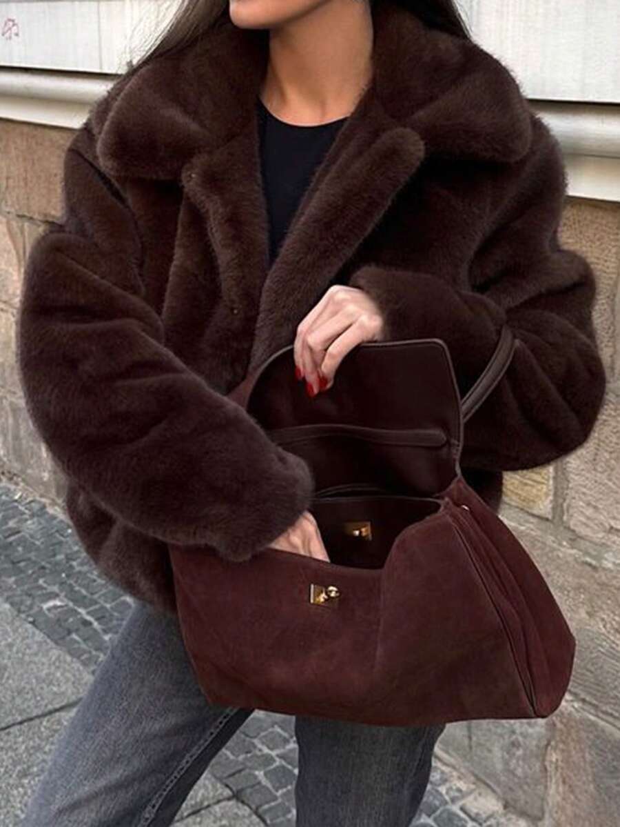 Élégante veste en fourrure douce pour femmes en hiver - brun - Voir 1
