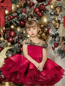 Young Girl Christmas Dress, Bow Decor Tulle Princess Party Dress, Suitable For Girls Birthday Party, Holiday Celebration, Wedding And Other Important Occasions - 酒紅色 - 查看 1