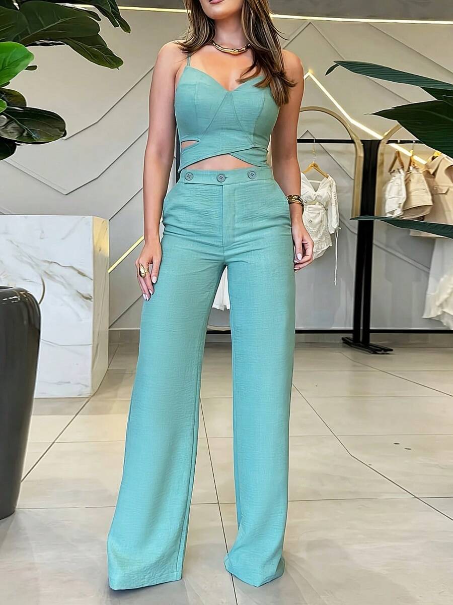 两件套女士休闲露脐吊带背心和高腰直筒裤套装，夏季 - 薄荷藍 - 查看 1