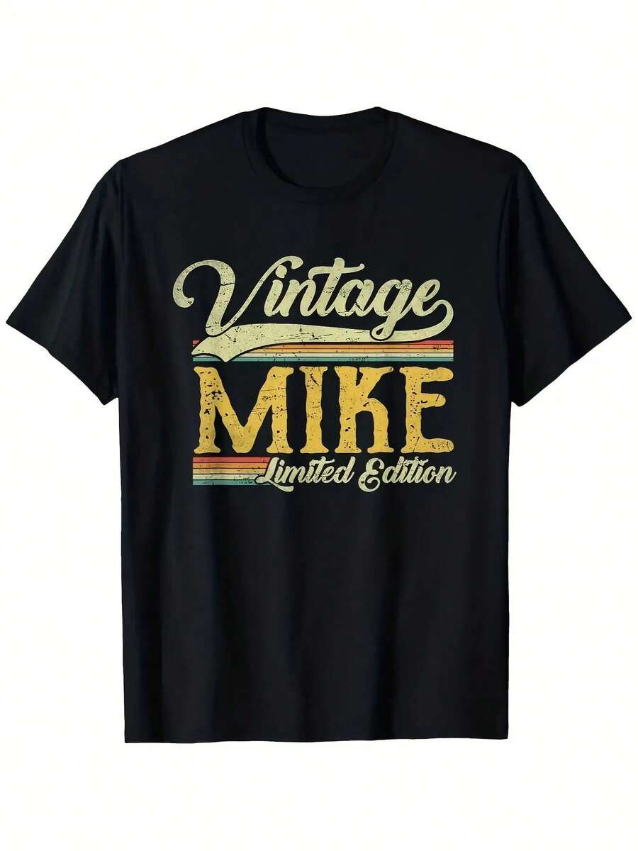 Vintage Mike Limited Edition Graphic Tee - Casual Crew Neck, Stretchy Fabric, All-Over Print For Hiking, Running, Cycling & Everyday Wear, Adult Size, Everyday Tshirt | Vintage Graphic Tee | Comfortable Fit, PLUS SIZE - 黑色 - 查看 1