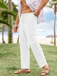 Mens Linen Cargo Pants Lightweight Elastic Waist Drawstring Casual Loose Summer Vacation Beach Yoga Pants With Pockets - 白色 - 查看 4