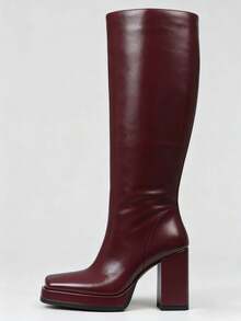 Women Luxury Winter Boots Knee High Burgundy Solid Chunky Heel Square Toe Design Fashion Fall Boots Party Office Lady Shoes - 酒紅色 - 查看 2
