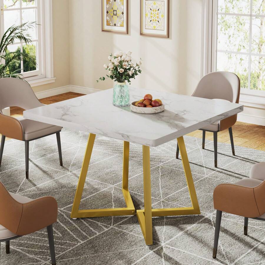 Tribesigns Square Dining Table For 2, 31.5" Industrial Dinner Table With Metal Base, Kitchen Table For Dining Room, Small Space, Apartment, White & Gold - 白色和金色 - 查看 1