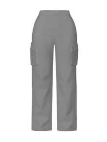 Plus Size Women Solid Color Loose Casual Fashion Utility Pants - Grey - View 4