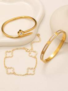 Luxury Elegant Fashion Four-Leaf Clover Nail-Shaped Zirconia Bracelet Stainless Steel Women's Bracelet Set, Suitable For Daily Stacking Wear, Evening Parties, Dates, And Daily Wear As Gifts