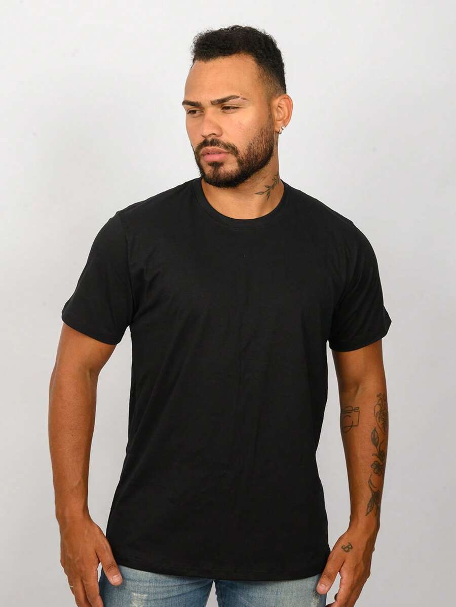 Camisa Gola Redonda Masculina Básica Algodão Conforto - Preto - Visão 1