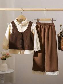 3pcs Young Girl Solid Color Frill Collar Long Sleeve Shirt, Button Design Vest And Pants Casual Set - Brown - View 3