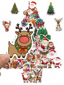 50 Stücke Weihnachts-Aufkleber Cartoon Weihnachtsmann Hirsch Geschenkbox Aufkleber für Laptop Koffer Computer Sammelalbum Kühlschrank Handy Aufkleber Weihnachtsparty Geschenke Spielzeug