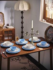 1 件原创蓝白浮雕纹理陶瓷餐具套装，创意厨房餐具，汤碗，面碗，独特设计盘子，牛排盘，沙拉盘，厨房用品，餐厅盘子 - 彩色 - 查看 3