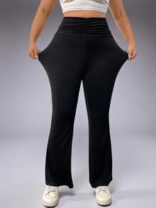 Pantalones de entrenamiento de talla grande para mujer con cintura alta, unicolor y volantes acuchillados - Negro - Ver 10