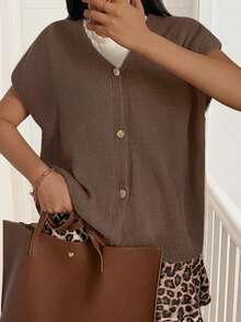 Women's Casual V-Neck Sleeveless Solid Color Single-Breasted Knit Cardigan, Spring/Autumn - Yellow - View 1