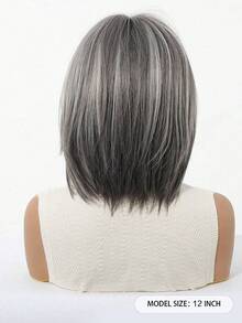 高品质12英寸灰色波波头短直发合成假发，带刘海，女士假发，适合节日、派对和日常佩戴 - 灰色 - 查看 6