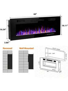 60''Electric Fireplace Inserts Ultra-Thin 750/1500W Linear Electric Fireplace Heater Wall Mounted Or Recessed Fireplace Electric With Adjustable Multicolor Flame, Silent Operation, Remote Control Included - 60inch - View 7