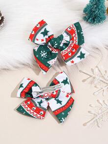 2PCS Christmas Green Bow Hair Clip For Girls, Christmas Tree Snowflake Print Bownot For Kid And Girls