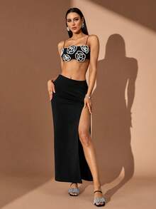 Sequin Striped Elegant High Slit Zipper Rhinestone Formal Evening Gown - Black - View 3