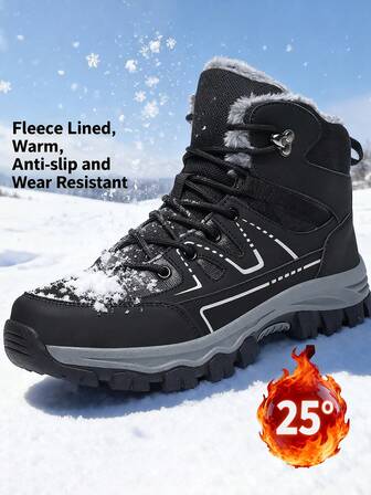 秋冬新款高帮厚底保暖内衬男士户外雪地靴，PU加大码男靴，户外登山鞋，舒适休闲鞋，徒步靴，户外运动登山靴，狩猎靴，徒步靴，户外减震越野靴，登山鞋，户外探险露营鞋，保暖内衬加厚防滑耐用黑色登山靴
