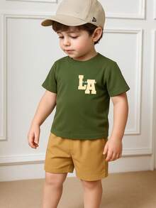 Children's Set T-Shirt And Shorts Summer Fashion For Boys - 軍綠色 - 查看 2