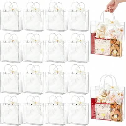 25/50 PCS Clear Gift Bags With Handles, Large Transparent Gift Wrap Bags, Reusable PVC Tote Bag Bulk For Party Favors, Shopping, Boutique, Wedding Birthday Festival