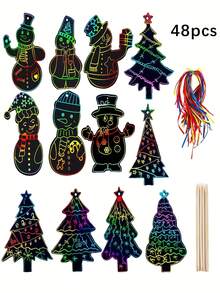 24/48 pièces Set de grattage de Noël, Signets à gratter en papier pour sapin de Noël DIY, Grattages décoratifs d'arbre de Noël créatifs, Signets de bonhomme de neige DIY pour création de peinture libre, Cadeaux créatifs de Noël