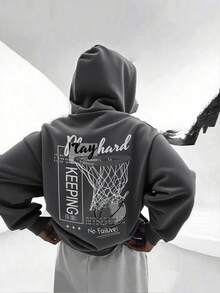 1件装男童休闲印花套头卫衣，保暖内衬，长袖，秋冬季 - 深灰色 - 查看 3