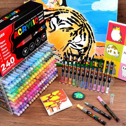 FLYSEA 240 colori Pennarelli acrilici con sistema di controllo dell'inchiostro liquido diretto, penne professionali adatte per pittura su rocce, tela, vetro, plastica, tessuti e artigianato creativo