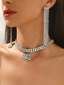 3pcs Sparkling Crystal Flower Necklace & Earrings Set, Suitable For Women, Formal Events, Parties, Christmas, Valentine's Day, Pair With Evening Gowns