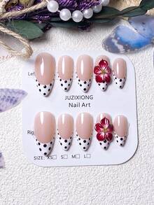 10 件手工制作杏仁形红色法国波尔卡圆点 3D 美甲贴纸，优雅奢华指甲贴花 - 彩色 - 查看 3