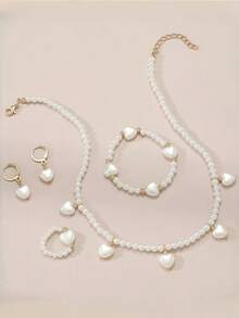 Heart Shaped Pendant & Pearl Jewelry Set For Children, Including Necklace, Bracelet, Ring And Earrings
