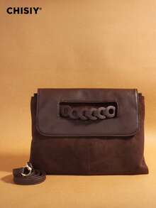 CHISIY Original New Brown Large Capacity Woven Contrast Color Patchwork Clutch Bag, Casual Retro Shoulder Bag, Suede & PU Leather, Versatile For Commuting, School, Shopping And More Occasions