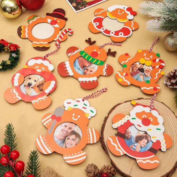 YESTARY 20/24/30 Pcs Christmas Picture Frame Ornament Hanging Wood Photo Ornaments With Classic Gingerbread Elements, Color Printing Personalized Wooden Christmas Ornaments For Christmas Tree Decorations, Family Activities, Holiday Hanging Decorations