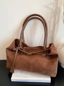 1 件咖啡棕色肩带装饰大容量仿麂皮拼布手提包，女士单肩包 - 咖啡棕 - 查看 8