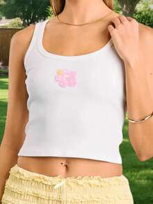 Women's Summer Crop Tank Tops Sleeveless Scoop Neck Bead Flower Slim Fit Vest Casual Summer Shirts - 粉色 - 查看 4