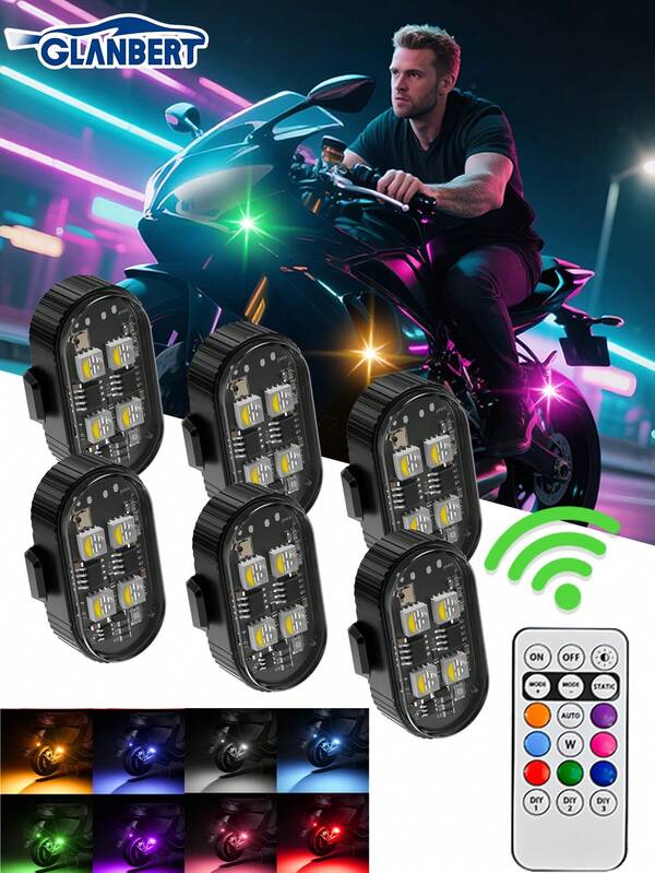 GLANBERT Luzes estroboscópicas LED sem fio atualizadas de 6/4/2/1 peça com controle remoto, luzes de emergência recarregáveis à prova d'água de 7 cores com 4 LEDs de alto brilho para carros, motocicletas, bicicletas, drones e aeronaves