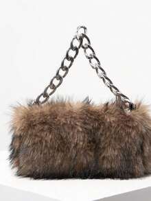 Solid Fuzz Soft Candy Color Chain Satchel Bag, Y2K Style Women Shoulder Bags, Cute Charm Clutch, Holiday Party Dress, Random Pattern Fur Purse, Halloween Purse Perfect For Fancy Party Halloween Fashion & Gothic Fashion, New Arrival Fur Bag For Women - 棕色 - 查看 7