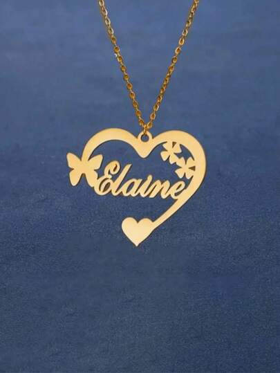 1 Stück personalisierte herzförmige Schmetterling Anhänger Halskette, aus rostfreiem Stahl, ideal für Geburtstage und Feiern. Dieses vielseitige Accessoire ist perfekt für den täglichen Gebrauch und als Geschenk. Vielseitig, dekorativ, mit Monogramm, schlicht, süß, kawaii, charmant