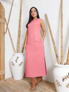 Women's Linen Midi Dress With Pockets, Plain, Wide Straps, Elegant - Coral Pink - View 3