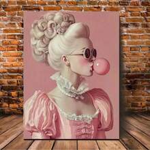 1幅复古泡泡糖肖像帆布画，帆布墙画，粉色复古海报，适用于办公室、学校、美术教室装饰，适合万圣节、单身派对、海滩派对、周年纪念日等场合，不含画框