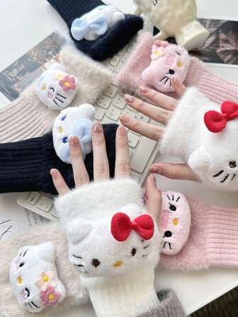 Sanrio 1 Pair Hello Kitty Cute Cartoon Plush Half Finger Gloves, Knitted Wrist Warmers, Thick Warm, Suitable For Girls, Office, Students, Writing, Fall / Winter