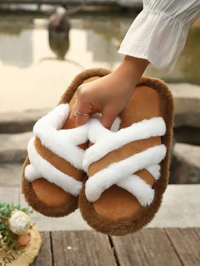 1 Pair Rhombus Pattern Cute Fabric Criss-Cross Women House Slippers, Suitable For Home Wear All Seasons