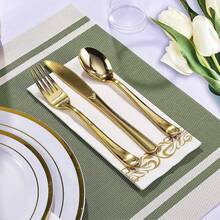 10/25/50/100/150 pièces Set de couverts en plastique doré, comprenant des fourchettes à gâteau/salade, des cuillères, des couteaux, des ustensiles réutilisables et lavables, convenant pour la maison, le restaurant, le mariage, l'extérieur, l'anniversaire, la fête, les rassemblements festifs