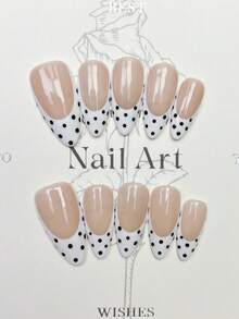 10 móng tay giả thủ công kiểu Almond Stiletto, móng giả dán màu trung bình, màu hồng nude nhẹ nhàng, móng trắng kiểu Pháp, chấm bi đen, móng tay thủ công đơn giản thanh lịch mùa thu, móng giả dán kiểu mùa thu, phong cách Y2K, thích hợp cho lễ hội, tiệc tùng, sử dụng hàng ngày và hẹn hò, đi biển, nghỉ dưỡng nhiệt đới, tự làm móng nghệ thuật phù hợp cho phụ nữ và bé gái làm quà tặng, dụng cụ làm móng, móng giả dán thủ công. - trắng - Xem 9