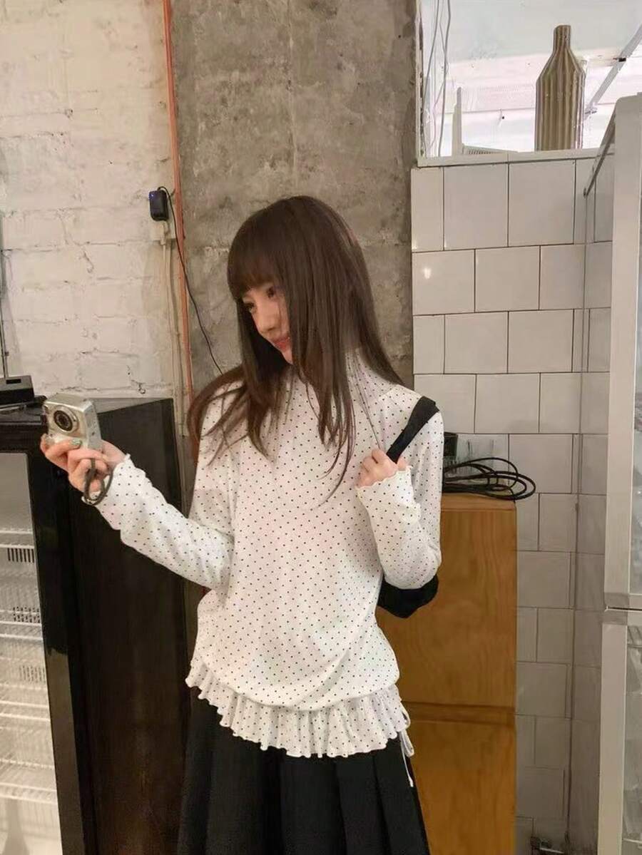 女式高领波点长袖荷叶边下摆休闲T恤