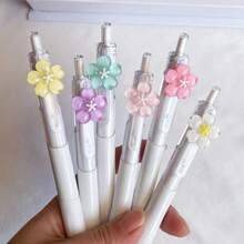 6pcs/Set Floral Design Ballpoint Pens, 0.5mm Black Ink Refill, High Quality Retractable Pens, Cute Stationery Gift For Students, Girls, Back To School Supplies