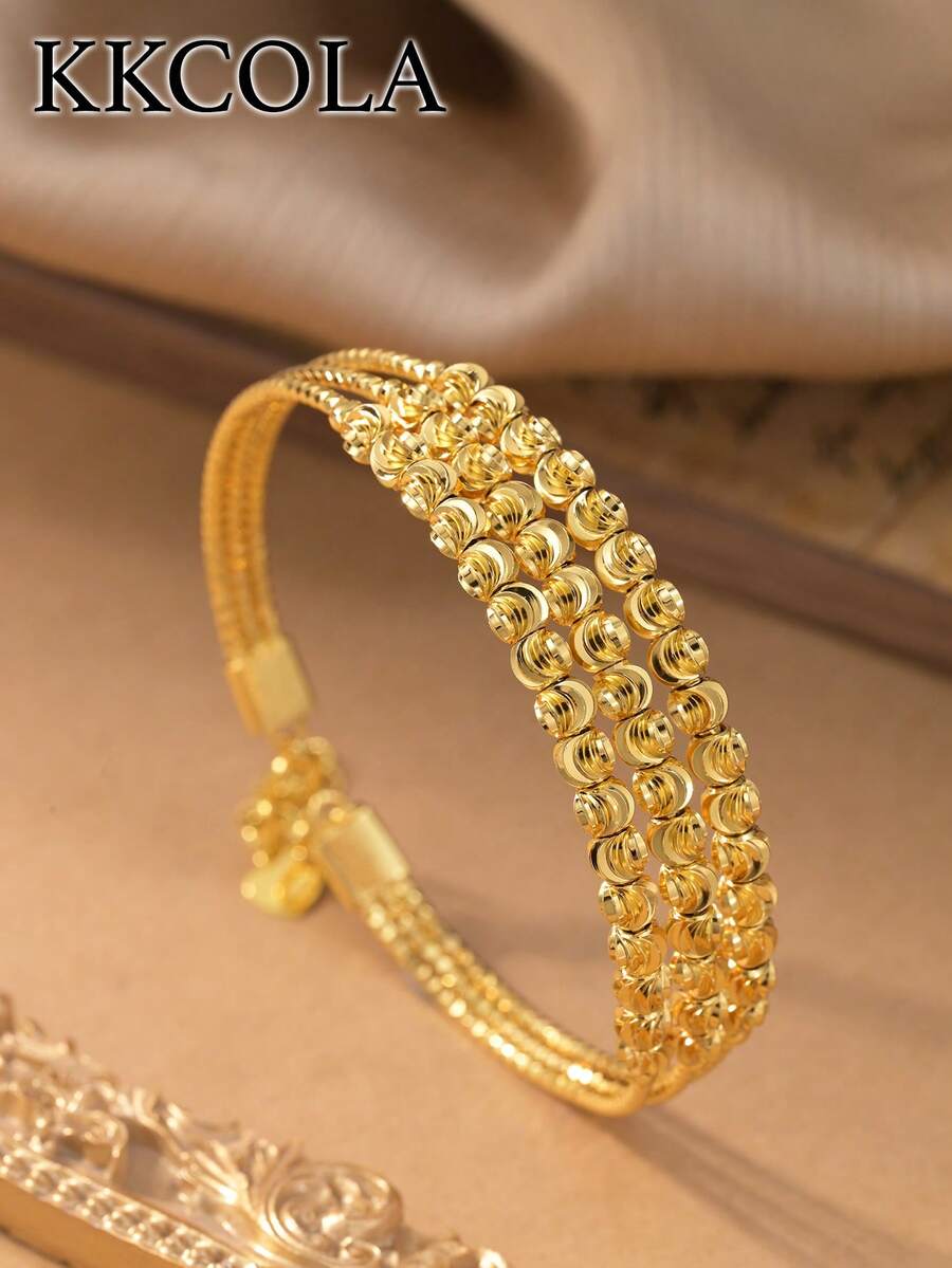 KKCOLA 1pc Fashionable Multi-Coil Beaded Bracelet With Wavy Pattern, Bohemian Style, Party/Festival Gift, Jewelry Accessory, Daily Wear - Yellow Gold - View 1