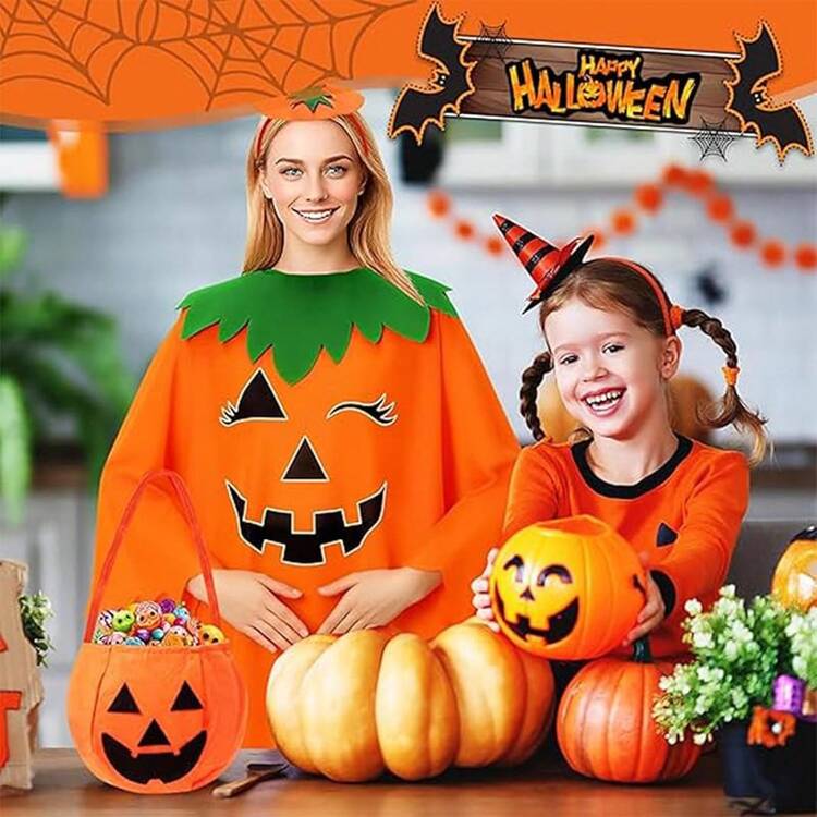 Disfraz de Calabaza de Halloween, Poncho de Calabaza, Adecuado para Fiesta de Halloween, Disfraz de Juego de Roles, Actuación en Escenario - Niños - Añade 7