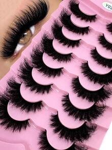 HBZGTLAD 8 perechi de gene false dramatice DD Curl, groase și pufoase, gene subțiri tip ochi de pisică, gene negre încrucișate, arată ca genele extinse tip ochi de pisică, cu ondulație D, aspect natural, gene rusești 3D pufoase, reutilizabile pentru purtare zilnică, exerciții de exersare a genelor