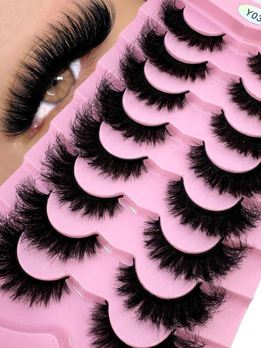 HBZGTLAD 8 perechi de gene false dramatice DD Curl, groase și pufoase, gene subțiri tip ochi de pisică, gene negre încrucișate, arată ca genele extinse tip ochi de pisică, cu ondulație D, aspect natural, gene rusești 3D pufoase, reutilizabile pentru purtare zilnică, exerciții de exersare a genelor