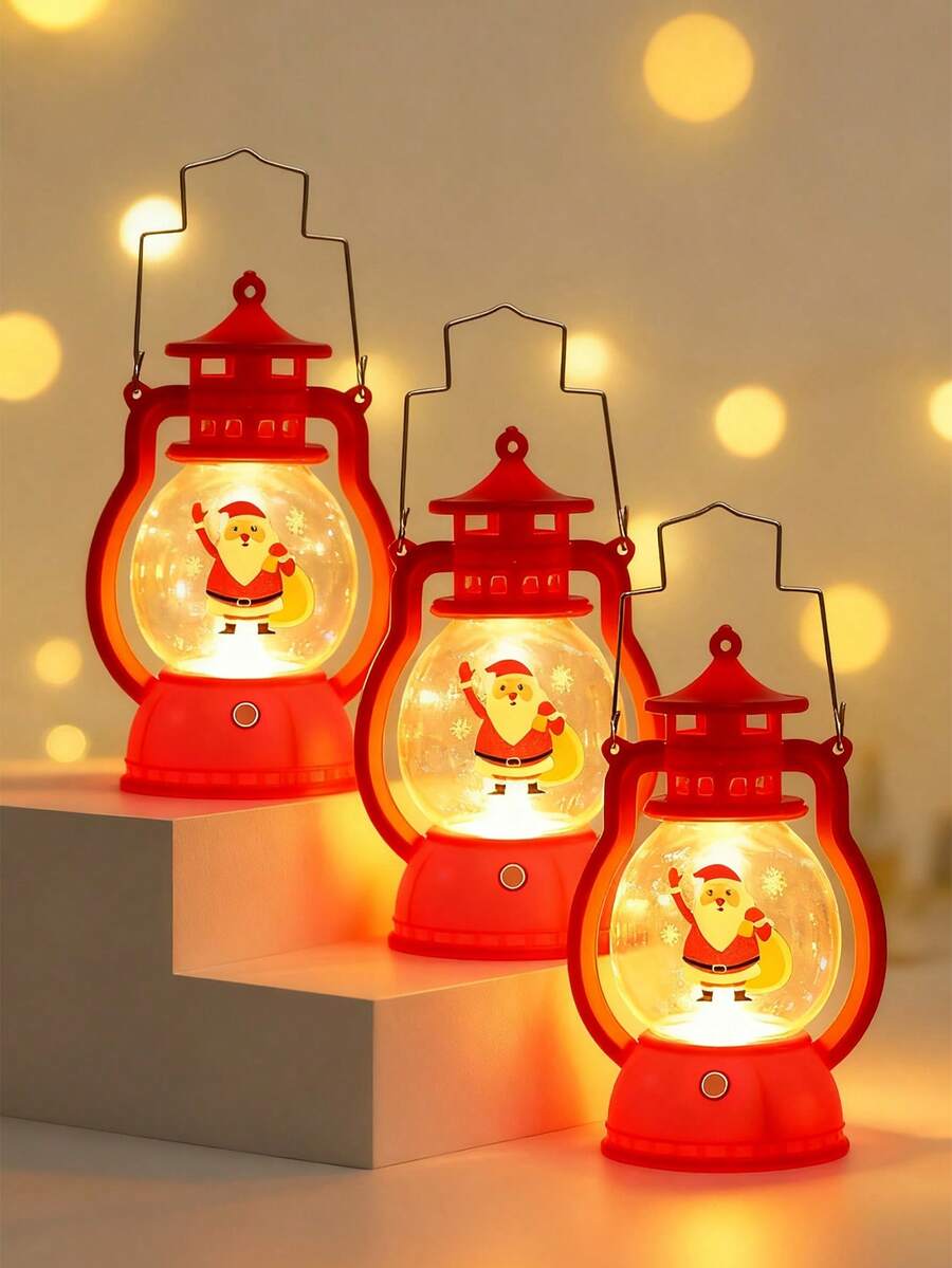 3 piezas - Linterna de Papá Noel con LED parpadeante, mini linterna decorativa estilo occidental, centro de mesa, lámpara colgante pequeña vintage para camping, adornos a granel para boda vaquera, Navidad, lámpara de mano vintage de aceite para decoraciones navideñas interiores y exteriores, naranja, decoración navideña, luz de mesa navideña, luz de noche, decoración creativa navideña, regalo de Navidad