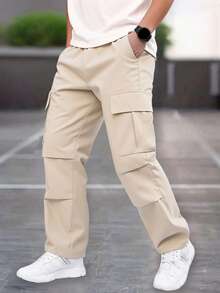 Boys' Casual Cargo Pants With Big Pockets, Fashion Outdoor Trousers, Minimalist Design, Spring/Autumn